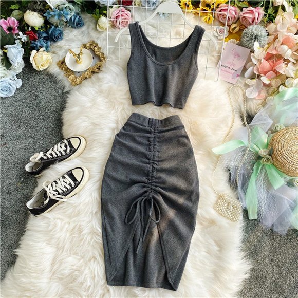 Women Knitted Short Tops + Drawstring Bodycon Skirt - Picture 6 of 9